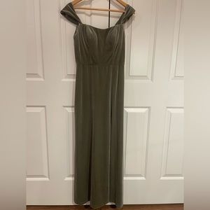 Jenny Yoo Issa Dress in Sage Green Velvet, Off the Shoulder
